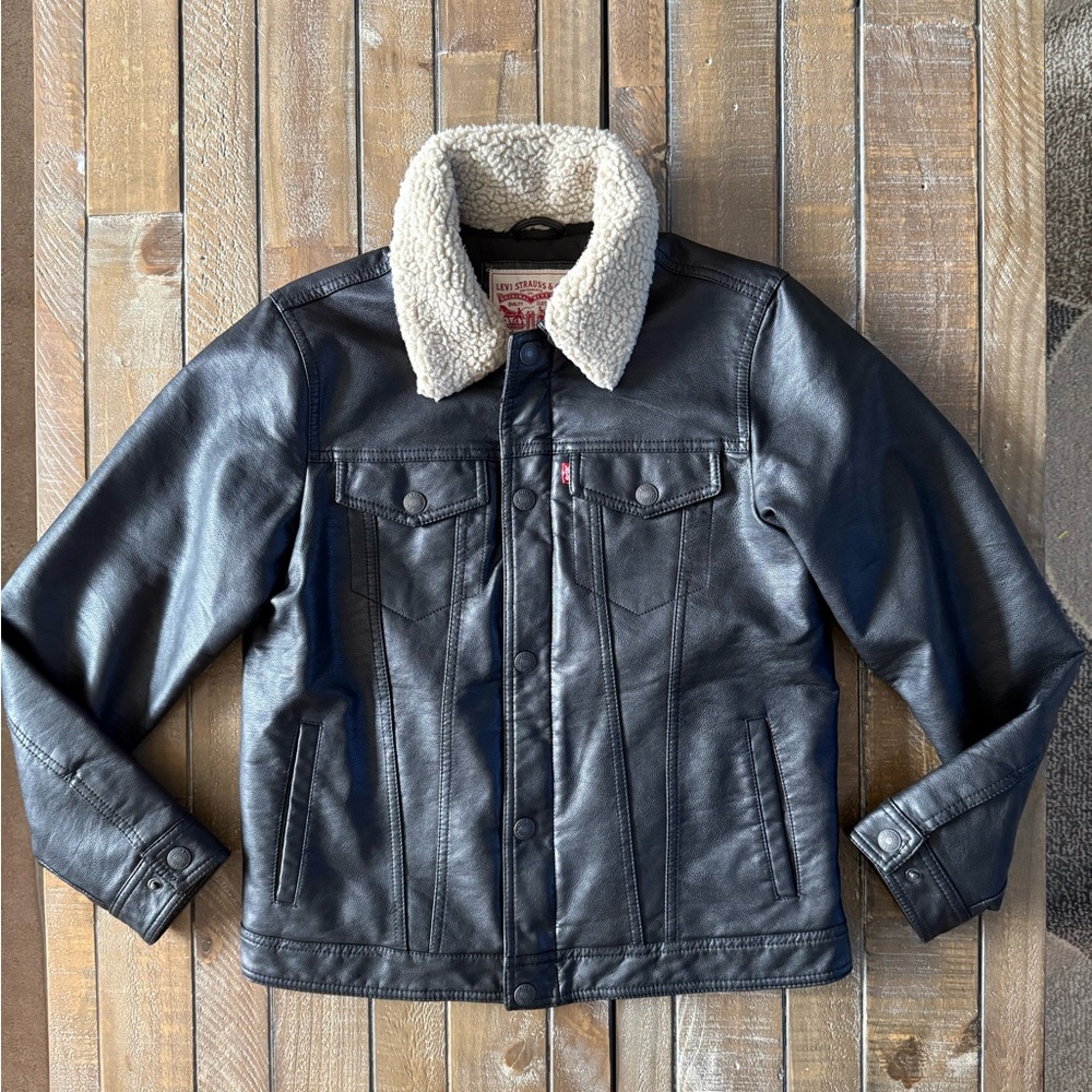 Levi's Black Faux Leather Jacket with Cream Collar